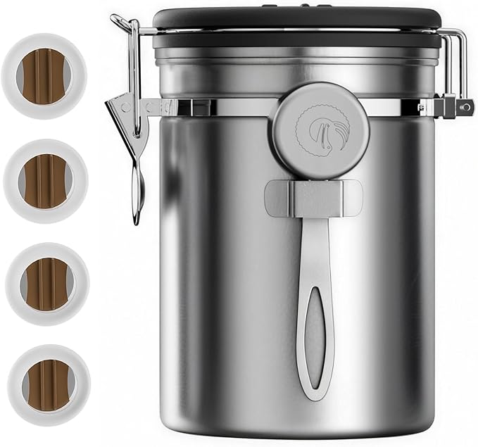Coffee Gator Coffee Canister - 22oz, Airtight Stainless Steel Kitchen Food Storage Container with Date Tracker, Scoop for Grounds Coffee Bar Accessories, Beans, Tea, Sugar, Flour, Cereal - Silver