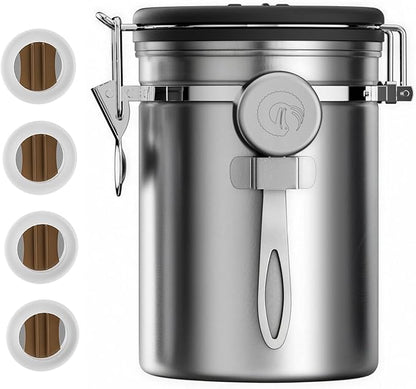 Coffee Gator Coffee Canister - 22oz, Airtight Stainless Steel Kitchen Food Storage Container with Date Tracker, Scoop for Grounds Coffee Bar Accessories, Beans, Tea, Sugar, Flour, Cereal - Silver