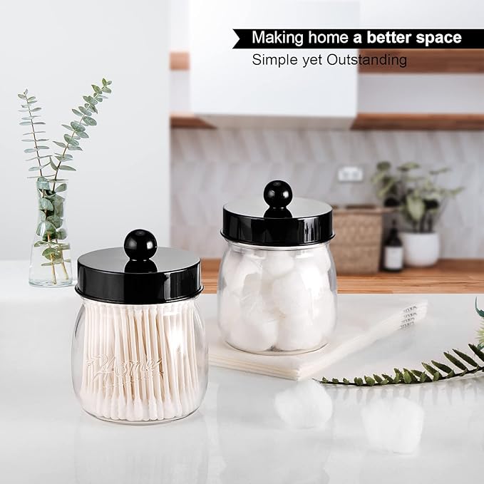 Farmhouse Decor Apothecary Jar Set, Mason Jar Bathroom Vanity Storage Organizer Canister-Qtip Holder Plastic Acrylic Jar for Cotton Swabs, Cotton Pad, Floss Pick, Paper Clip, Hair Clip (2 Pack, Black)