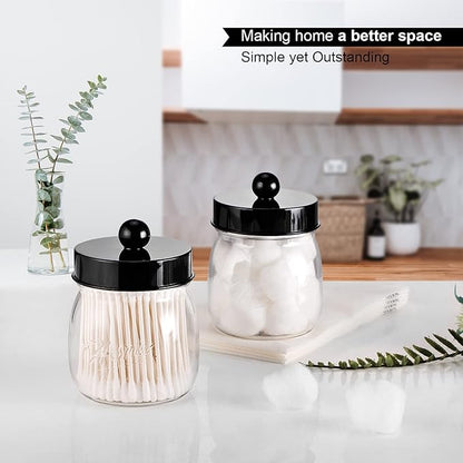 Farmhouse Decor Apothecary Jar Set, Mason Jar Bathroom Vanity Storage Organizer Canister-Qtip Holder Plastic Acrylic Jar for Cotton Swabs, Cotton Pad, Floss Pick, Paper Clip, Hair Clip (2 Pack, Black)
