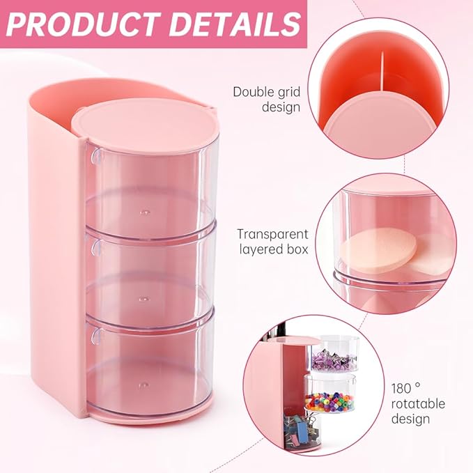 3-Layer Hair Accessories Organizer with Hair Brushes Holder,Rotatable Drawer Makeup Sponge Holder for Necklaces, Earring,Ring,Makeup Brushes,Hairs Clip ﻿