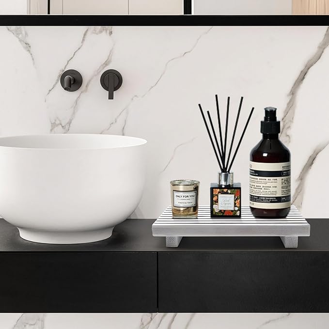 Wood Pedestal Stand for Bathroom Tray Kitchen Counter Decor Bathroom Sink Accessories Decorative Wooden Risers for Kitchen Soap Tray Vanity White Bathroom Counter Decorations Dish Soap Holder
