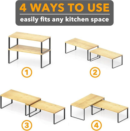 SpaceAid Cabinet Shelf Organizers 8 Pack, Kitchen Counter Rack Shelves Riser, Stackable Expandable Spice Rack, Pantry Cupboard Storage Organization (Black and Natural, Long)