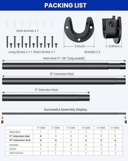 Supforce Closet Rods for Hanging Clothes, 17 to 28 Inches Stepless Adjustable Metal Closet Rod, 1.3 Inches Heavy Duty Clothes Hanging Rod for Closet Wardrobes Laundry RV, Black