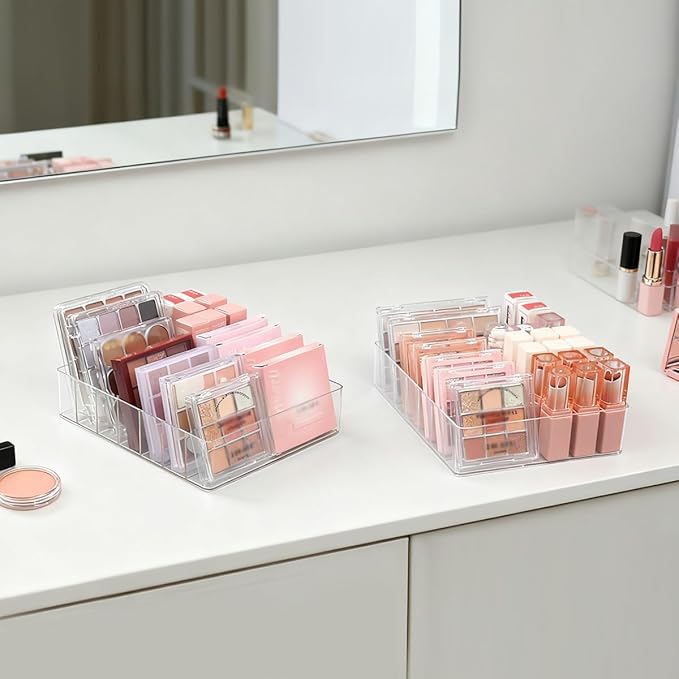 2 Pack Makeup Organizer for Eyeshadow Palette and Lipstick Organizer, 7 Section Divided Makeup Palette Organizer for Lipstick Highlighter, Skincare Cosmetic Display Cases for Bathroom