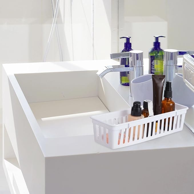 Domensi 12 Pack Slim Plastic Storage Baskets Tray for Organizing 10.25x3.25x2.5 Inch Small Narrow Storage Bins Stackable Drawer Pencil Trays Holder for Desk Garage Cabinet Container (White)