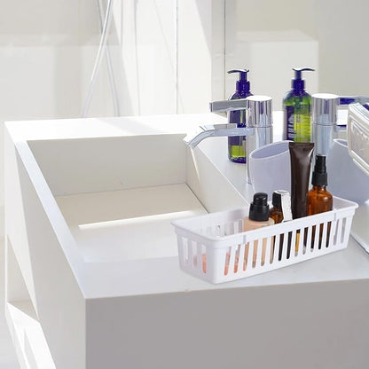 Domensi 12 Pack Slim Plastic Storage Baskets Tray for Organizing 10.25x3.25x2.5 Inch Small Narrow Storage Bins Stackable Drawer Pencil Trays Holder for Desk Garage Cabinet Container (White)