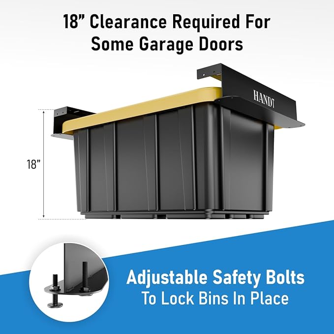 USA Based Overhead Garage Storage Rack, Connectable Heavy Duty Metal Ceiling Rails Garage Storage Organization Shelving System, Hanging Racks Tote Containers, Supports Up To 3 Bins, 2 Sets Black