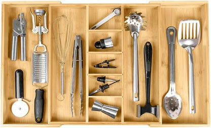 KitchenEdge Adjustable Bamboo Kitchen Drawer Organizer for Utensils and Junk, Expandable to 28 inches Wide, 9 Compartments