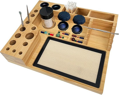 Bamboo Desk Organizer,Carving Tool Organizer with Non-sticky Mat and Silicone Container (28 x 24 x 4.5cm)