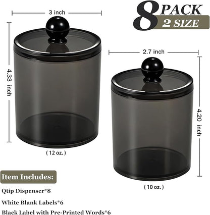 SheeChung 8-Pack Qtip Holder,Black Acrylic Canister Apothecary Jars with Lids & 12 Labels - (4) 10oz & (4) 12oz Plastic Canisters Bathroom Storage Set - Shatterproof Qtip Holder for Home Organization