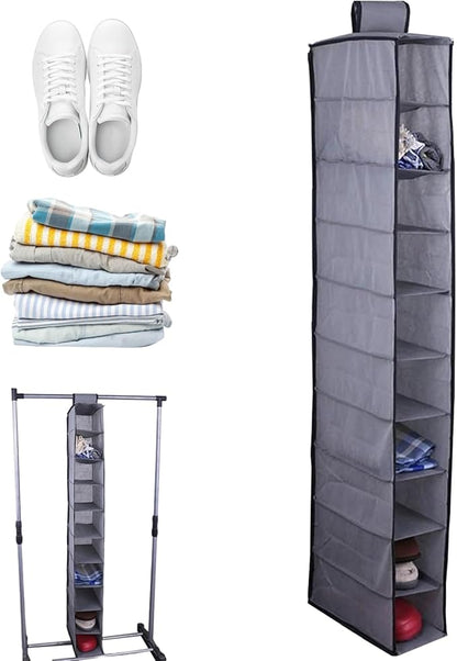 Hanging Shoe Organizer 10 Section Grey Nonwovens Hanging Shoe Rack Burly and Handy, Easy Fold Closet Shoe Organizer for Organizing Bedrooms, Closets, Laundry Room, Play Room