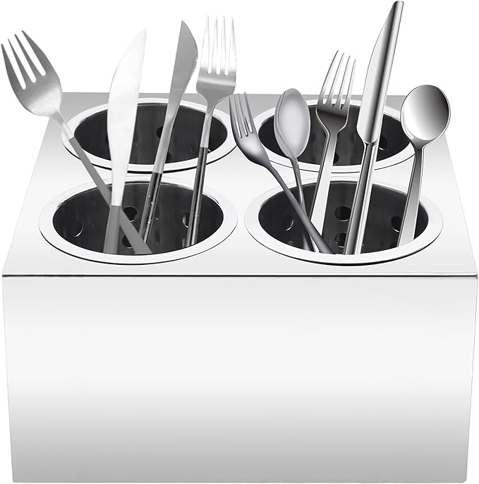Commercial 4-Hole Flatware Cylinder Holder with Cups, 4-Compartment Stainless Steel Cylinder Flatware Silverware Caddy Utensil Holder Organizer Canddy Countertop for Restaurant Kitchen