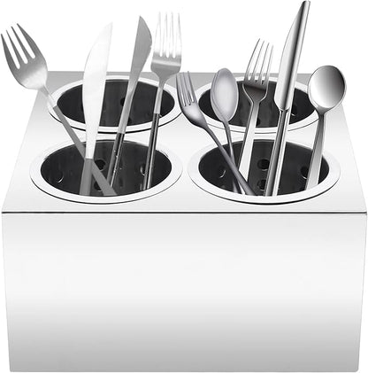 Commercial 4-Hole Flatware Cylinder Holder with Cups, 4-Compartment Stainless Steel Cylinder Flatware Silverware Caddy Utensil Holder Organizer Canddy Countertop for Restaurant Kitchen