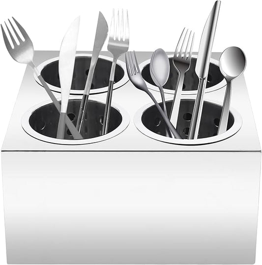 Commercial 4-Hole Flatware Cylinder Holder with Cups, 4-Compartment Stainless Steel Cylinder Flatware Silverware Caddy Utensil Holder Organizer Canddy Countertop for Restaurant Kitchen