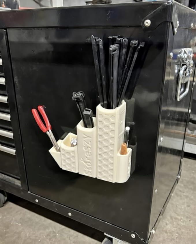 ZipStation Pro Zip Tie Organizer – 3 Tier Holder with Cutter Slot & Pen Storage – Magnetic Toolbox Organizer (White)