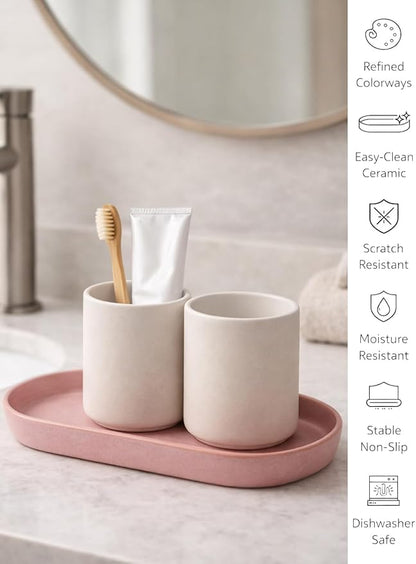 Matte Pink Ceramic Bathroom Tray for Countertop, Aesthetic Vanity Organizer Dish for Perfume, Jewelry & Soap, Oval Decorative Tray for Bathroom Sink, Dresser, Coffee Bar, Minimalist Home Decor