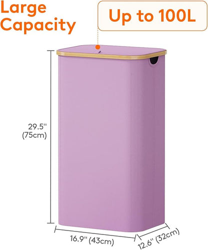 Lifewit 100L Laundry Basket with Lid, Clothes Hampers for Laundry with Bamboo Handles and 1 Removable Bag, Large Foldable Laundry Hamper for Bedroom, Bathroom, Dorm, Laundry Room, Purple