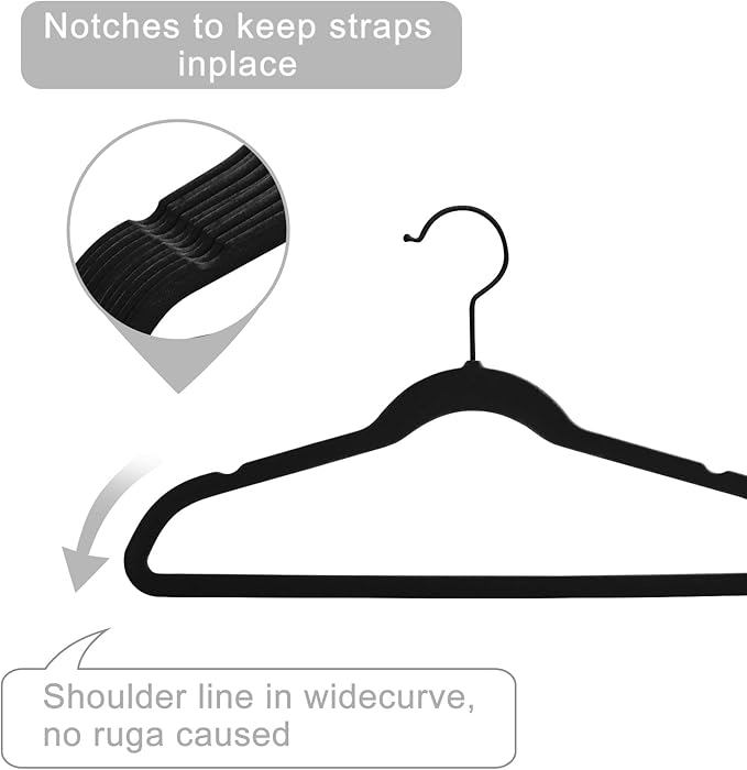 MIZGI Kids Velvet Hangers,Non-Slip Big Kids Hangers,14 Inch Hangers for Youth,Teen Clothes,Pack of 50（Black/Black）