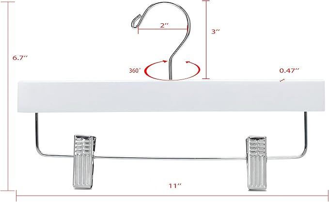 Quality 11 Inches Kids Wooden Pants Hangers 20 Pack - Skirt Hangers with Adjustable Metal Clips 360° Swivel Chrome Hook & Nonslip Notches- Ideal for Clothes Size 8 and Smaller (White, 20)