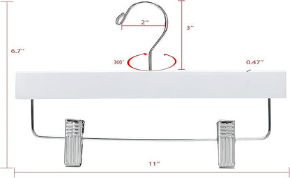 Quality 11 Inches Kids Wooden Pants Hangers 20 Pack - Skirt Hangers with Adjustable Metal Clips 360° Swivel Chrome Hook & Nonslip Notches- Ideal for Clothes Size 8 and Smaller (White, 20)