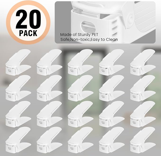 TOPNEW 20 Pack Shoe Slots Organizer Shoe Stacker for a Pair of Shoes 4 Levels Adjustable 50% Shoe Space Saver Double Layer Shoe Rack Organizer for Closet (White)