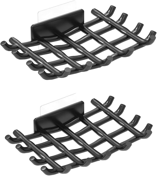 Bar Soap Holder for Shower Wall, Self Draining Plastic Bar Soap Dish Tray Container Case for Bathroom Sink, Adhesive Shower Soap Dish Holder Wall Mounted, Black 2 Pack