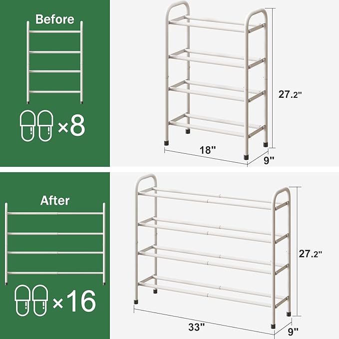 kiplant Expandable Shoe Rack, 4-Tier Expandable Metal Shoe Rack,Shoe Shelf for Closet, Entryway & Hallway