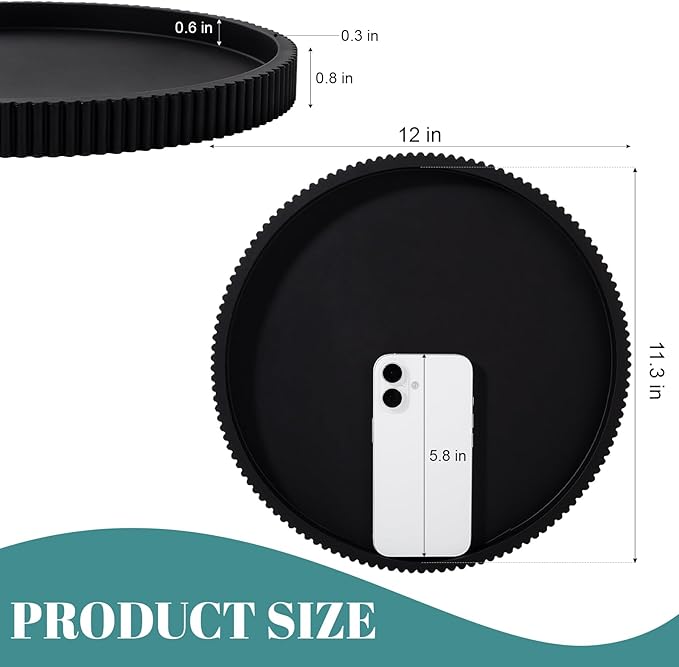 Silicone Bathroom Tray Round Kitchen Counter Organizer Decorative Vanity Accessories Coffee Table Decor for Perfume, Candle, Soap Dish, 12 Inch, Black