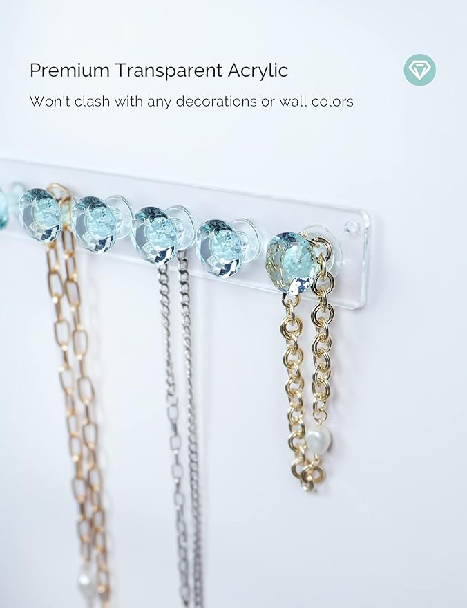 Mymazn Acrylic Necklaces Holder Wall Mounted Necklace Hangers Hanging Jewelry Organizer with 12 Hooks, Clear Jewelry Hangers for Necklace Organizer for Women, Necklace Hooks for Wall, Closet