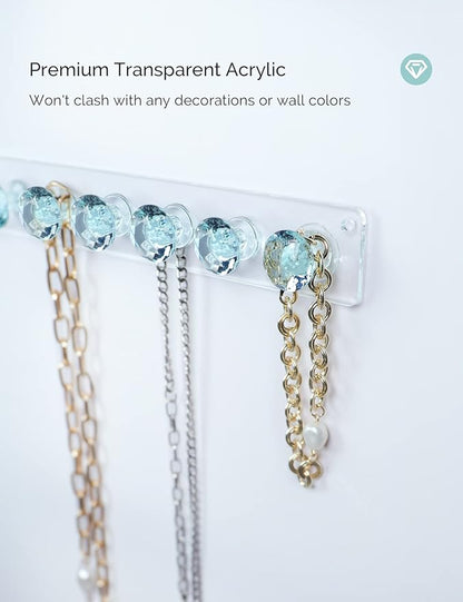 Mymazn Acrylic Necklaces Holder Wall Mounted Necklace Hangers Hanging Jewelry Organizer with 12 Hooks, Clear Jewelry Hangers for Necklace Organizer for Women, Necklace Hooks for Wall, Closet