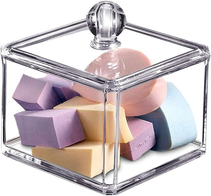 SheeChung Modern Square Acrylic Qtip Holder - Clear Apothecary Jar with Lid - Bathroom Vanity Storage Canister for Cotton Swabs, Balls, Pads - Compact Makeup Sponge Organizer