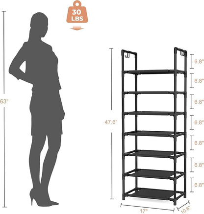 LANTEFUL 7 Tiers Shoe Rack 18-20 Pairs Boots Organizer Storage Sturdy Narrow Shoe Shelf for Entryway, Closets with Hooks, Black