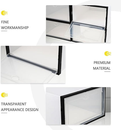 4 Pcs Men’s Shoe Storage Boxes Plastic Shoe Organizers Waterproof Dustproof with Black Frame for Home Closet