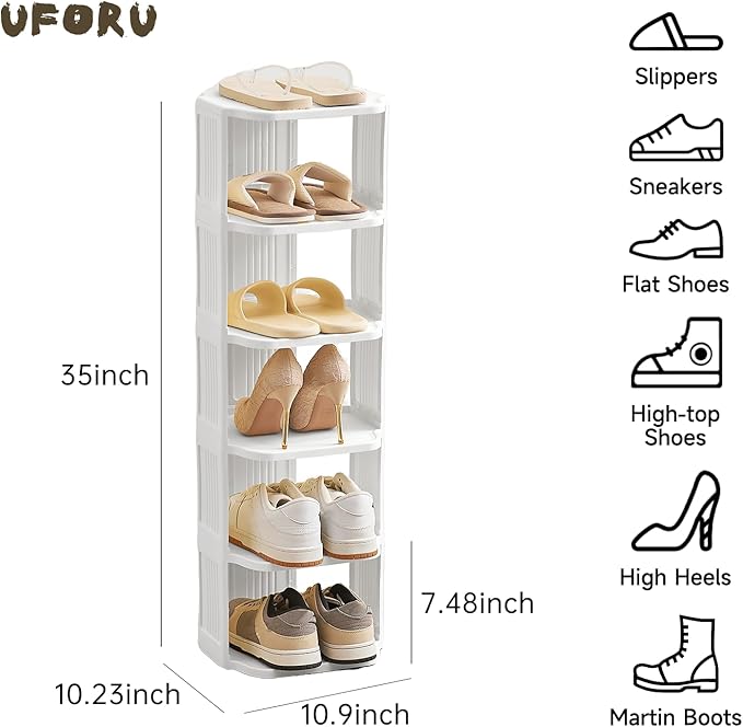 UFORU Vertical Shoe Rack, 6 Tiers Stackable Shoe Rack for Closet, Tall Standing Shoe Organizer, Small Shoe Shelf for Narrow Places Durable Plastic Construction (White)