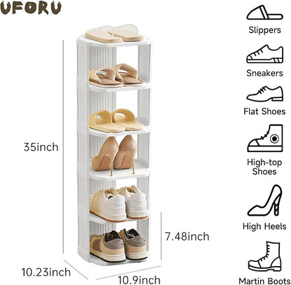 UFORU Vertical Shoe Rack, 6 Tiers Stackable Shoe Rack for Closet, Tall Standing Shoe Organizer, Small Shoe Shelf for Narrow Places Durable Plastic Construction (White)