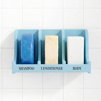 Soap Holder for Shower Wall, 3-Compartment Soap Dish for Shampoo, Conditioner and Body Soap, Fast Draining & Rust-Proof & Heavy Duty, Ultra-Strong Self Adhesive & Freestanding (Light Blue, Label)