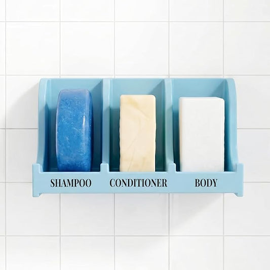 Soap Holder for Shower Wall, 3-Compartment Soap Dish for Shampoo, Conditioner and Body Soap, Fast Draining & Rust-Proof & Heavy Duty, Ultra-Strong Self Adhesive & Freestanding (Light Blue, Label)