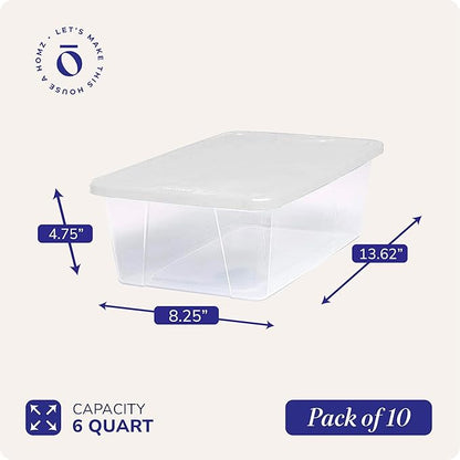 HOMZ 10-Pack Snaplock, Small Clear Plastic Storage Organizer Bins w/ Lids, 6 Quart, White - Stackable Container Boxes for Bedroom, Bathroom, Garage, and Office Organization