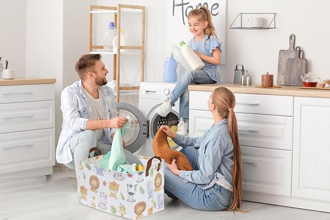 Rectangular Kids Storage Bins,Baby Baskets Organizer.Waterproof PE Coating Cute Basket with Handles.Woodland Nursery Decor,Toys Box,Books Basket, (Cute Animal)