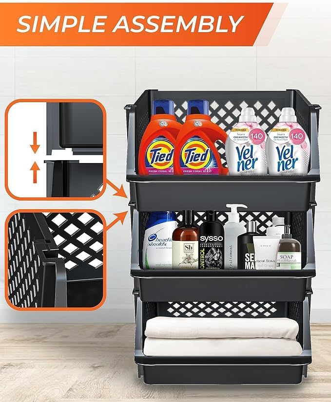 TidyFriend 6 Pk Large Stackable Storage Bins Open Front for Pantry Organizers and Storage, Pantry Storage for Food, Kitchen and Home Organization, Plastic Storage Bins, Dorm Room Essentials (Black)