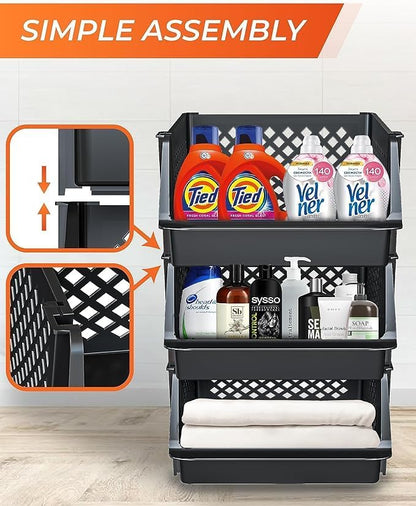 TidyFriend 6 Pk Large Stackable Storage Bins Open Front for Pantry Organizers and Storage, Pantry Storage for Food, Kitchen and Home Organization, Plastic Storage Bins, Dorm Room Essentials (Black)