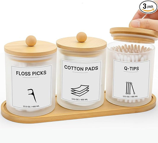 3Pack Glass Qtip Holder with Bamboo Tray, Cotton Ball Holder, 13.5 oz Apothecary Jars Bathroom Canisters with Lids, Bathroom Jars for Floss Picks, Cotton Swabs, Balls, Pads (Frosted)