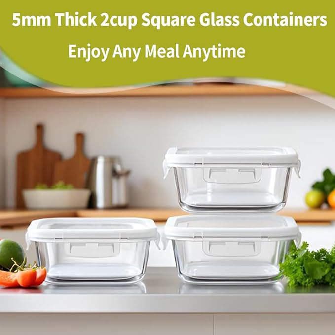 16oz Square Glass Food Storage Containers With Lids, 2 Cup Square Glass Food Containers With Lids, BPA free Small Meal Prep Bowls for leftovers, Dishwasher, Freezer Safe (8Pack)