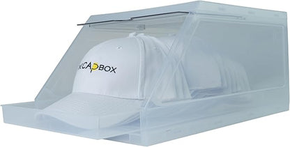 The CapBox 2.0 (2 Pack Clear) Hat Organizer for Baseball Caps, Stackable Sliding Tray Hat Rack & Hat Holder Hat Hanger Cap Storage Container 2 Yr. Warranty Anti Tilting & Tray Stopper (Clear)