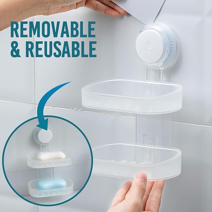TAILI Soap Holder Soap Dish for Shower, Suction Cup Soap Holder for Shower Wall, Bathroom Accessories, Removable Strong Hold Soap Saver, Drill Free, Clear 2 Layer