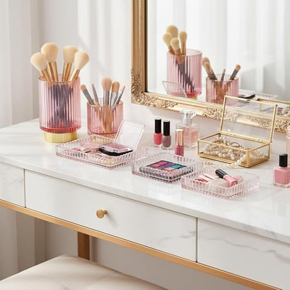 Glass Makeup Brush Holder Organizer, Gold Toothbrush Holders for Bathroom, Pink Makeup Brush Holder Cup for Vanity, Desktop Crystal Eyeliners Eyebrow Pencil Storage Cup Holder