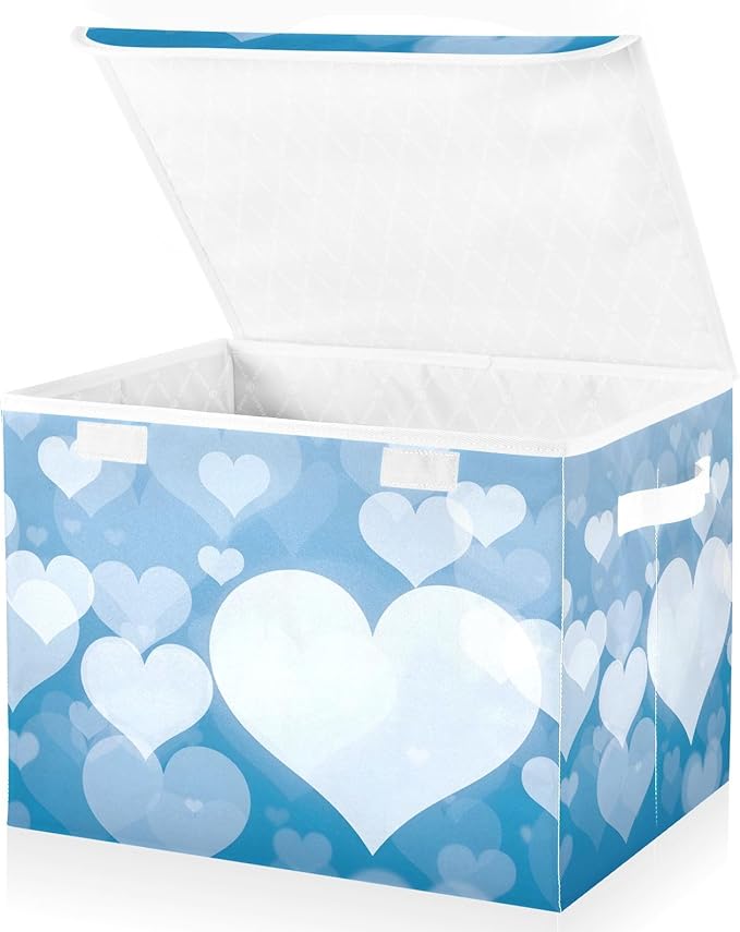 senya Valentines Baskets Collapsible Storage Bins with Lids, Blue Abstract Heart Storage Boxes Clothes Baskets for Organizing