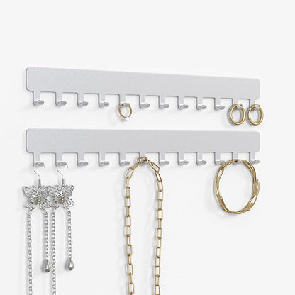 Necklace Holder Wall Organizer - Jewelry Hanging Hooks for Necklaces, Bracelets, Earrings - Easy Stick-On Installation - Space-Saving Metal Design, Silver
