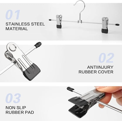 Metal Pants Hangers with Clips, Lightweight Skirt Hangers, 13 Inch, Strong Grip Clips, Black and Silver, 15 lb Capacity
